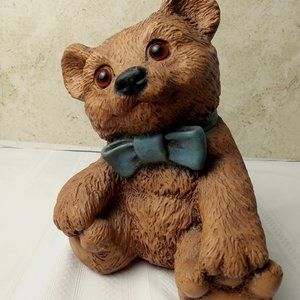 Vintage Homco 1983 #254 Teddy Bear Statue Resin Blue Bow Heavy Felted Bottom